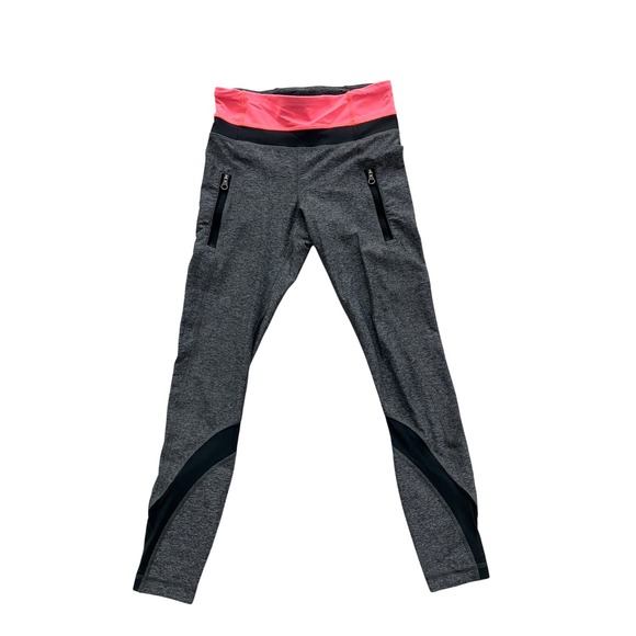Lululemon Pants - Lululemon Heathered Grey Neon Pink Waistband Mesh Panel Zipper Pocket Leggings